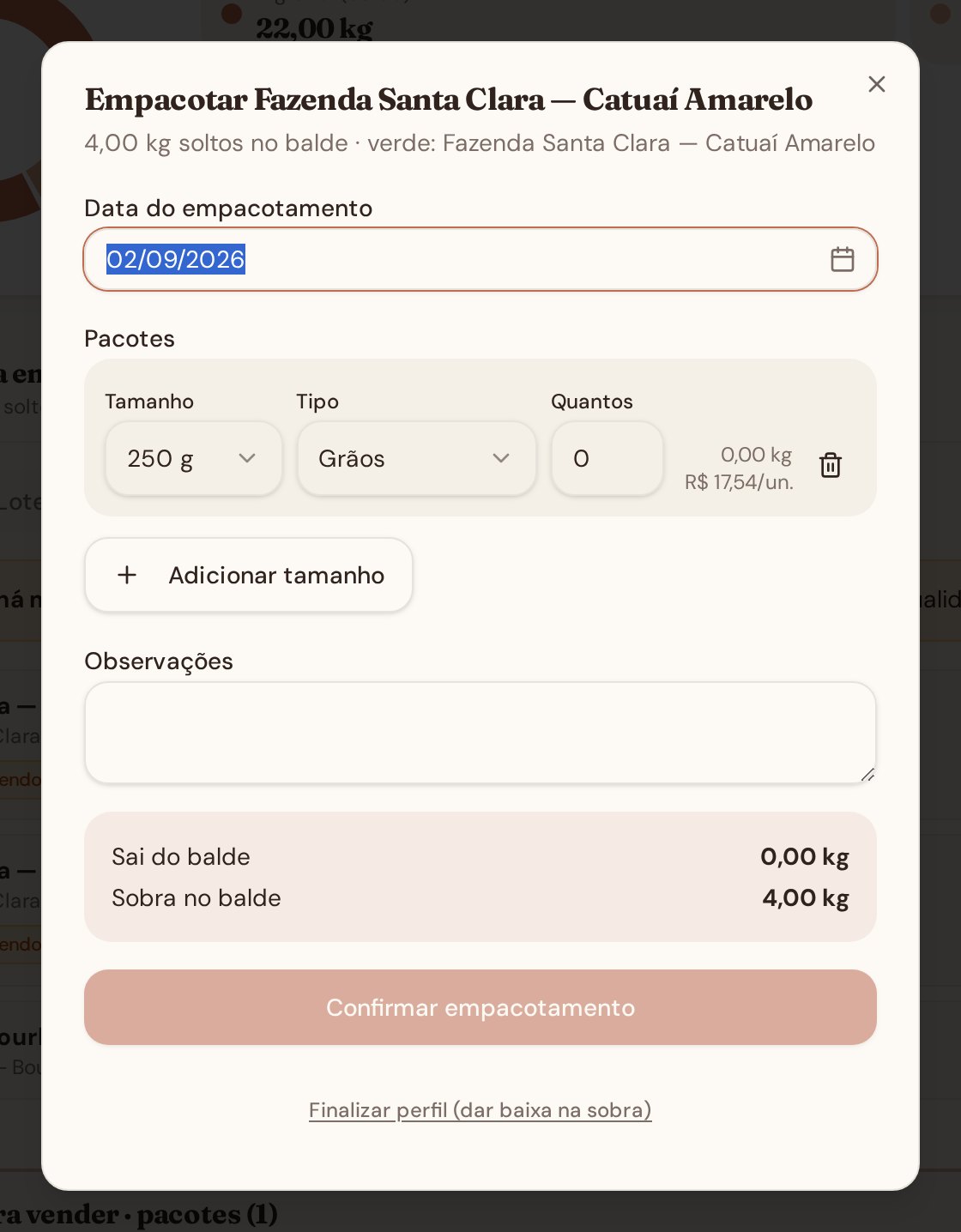 Modal de empacotamento com tamanho do pacote, tipo e quantidade