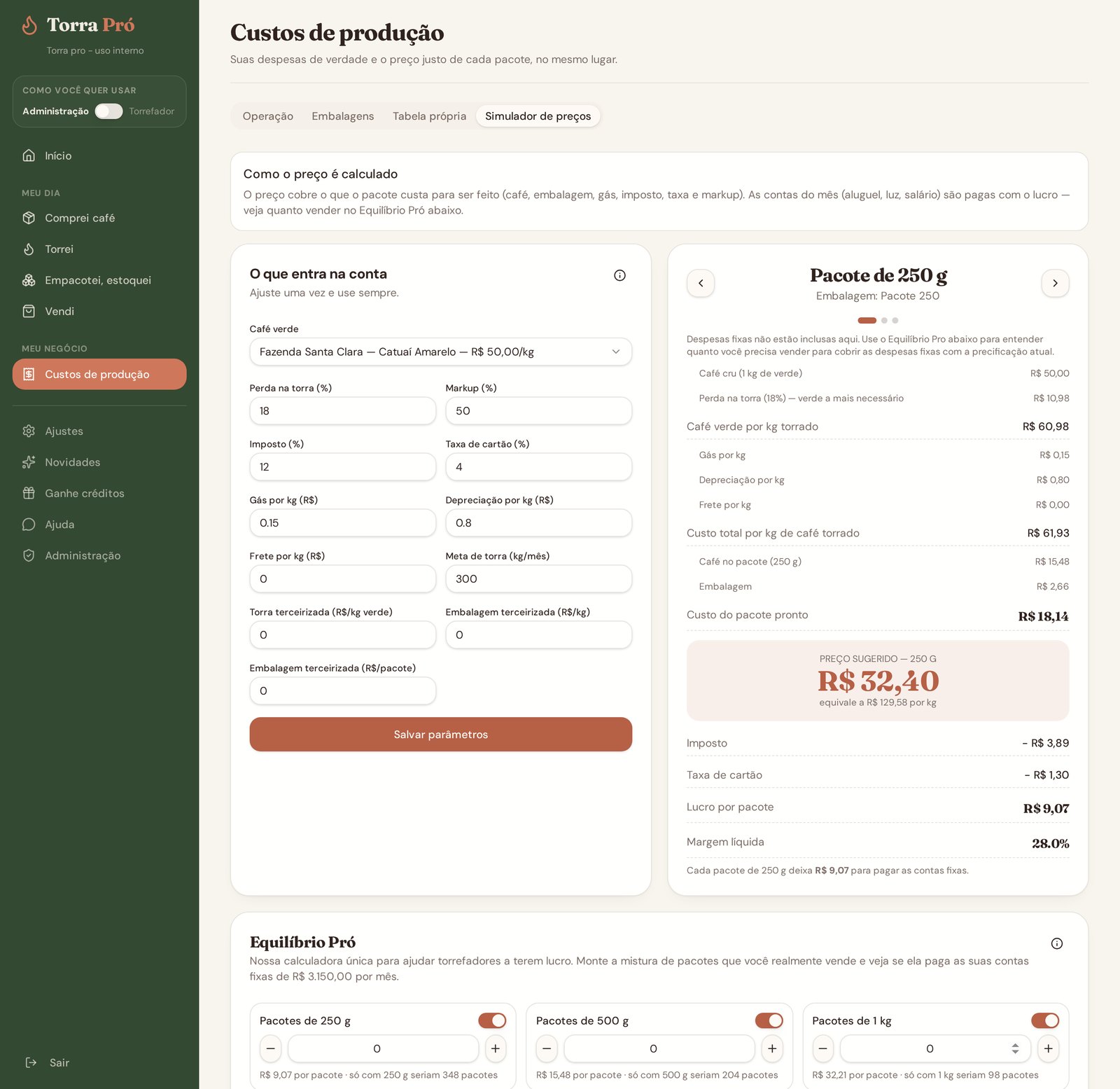 Tela de custos de produção com o simulador de preços à esquerda, o custo do pacote à direita e o Equilíbrio Pró abaixo