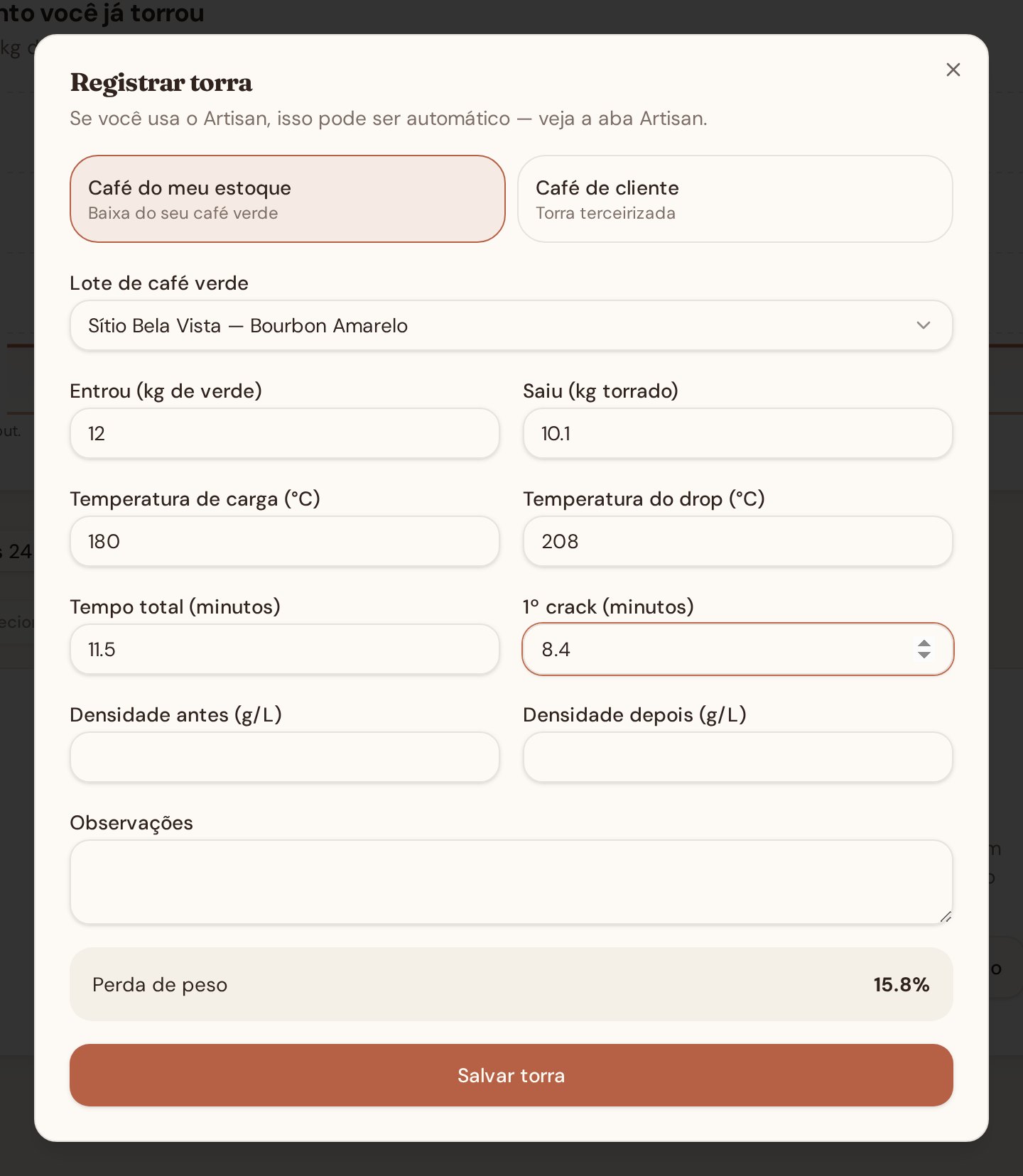 Modal de registrar torra com escolha do lote, entrada e saída em quilos