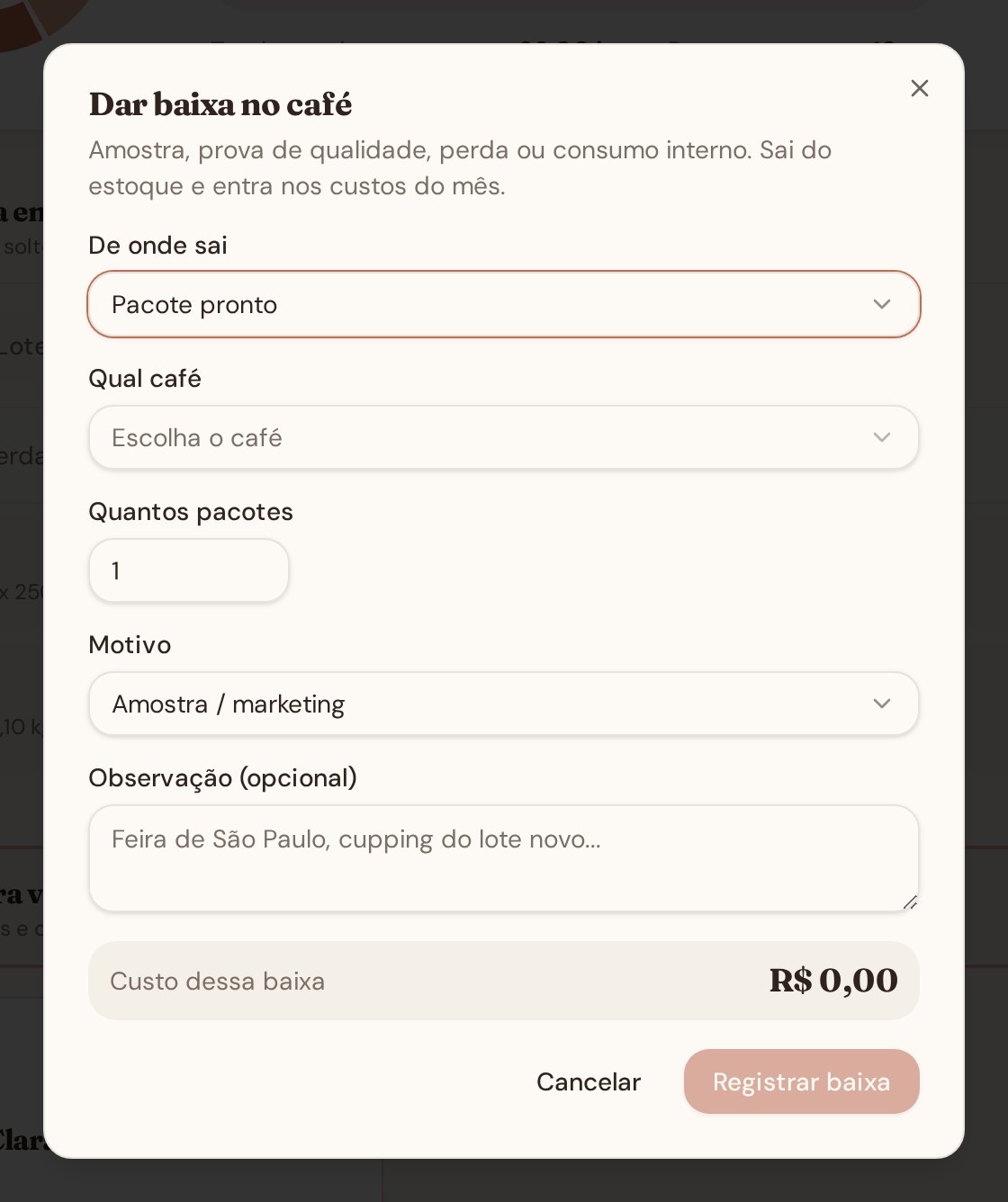 Modal Dar baixa no café com escolha de origem, café, quantidade, motivo e o custo da baixa