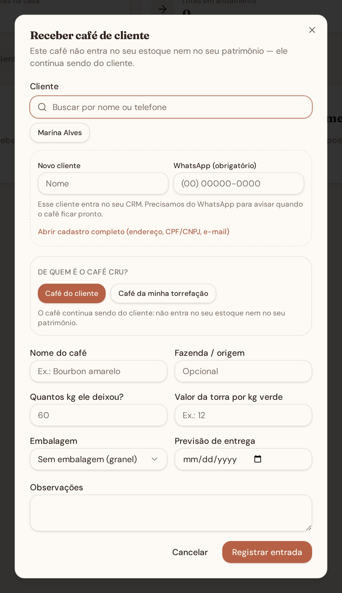 Modal de recebimento de café de cliente na torra terceirizada