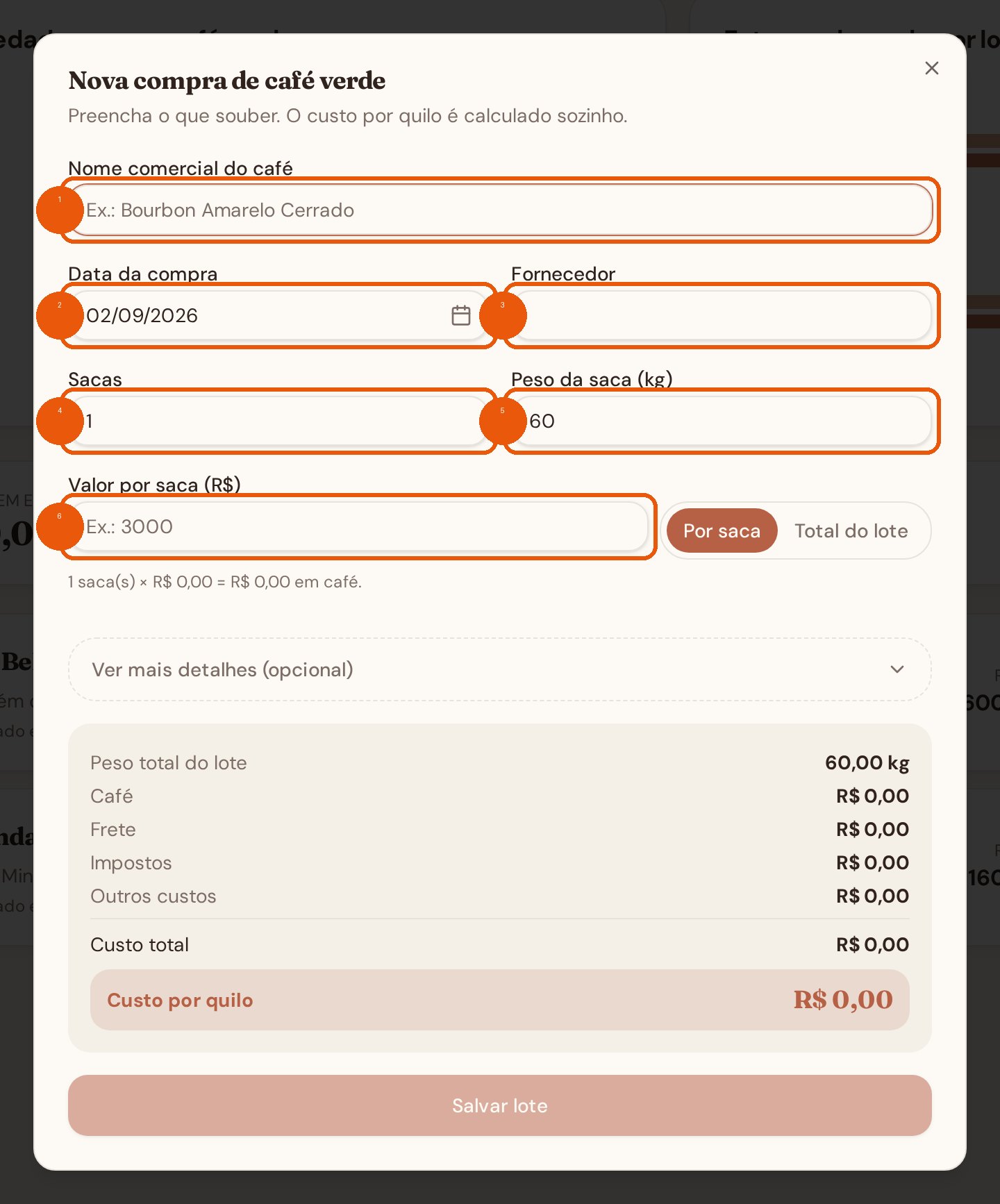Modal de nova compra de café verde com os campos numerados